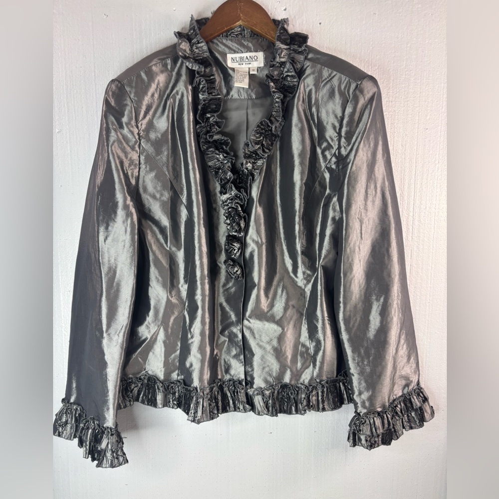 Nubiano 14 Elegant Silver Satin Blazer with Black Beaded Rosette Accents Evening